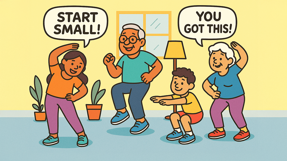 Fun and colorful cartoon characters doing easy beginner workouts at home — young and old people