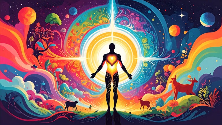 a man standing in front of a colorful celestial background representing connection to everything