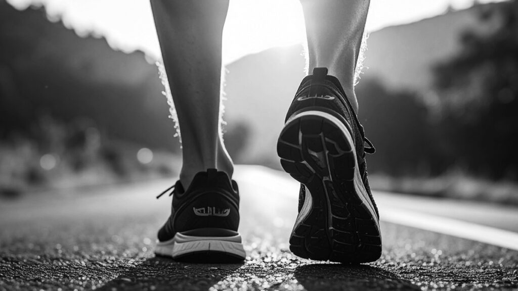 Close of jogger's running shoes, ready to exercise
