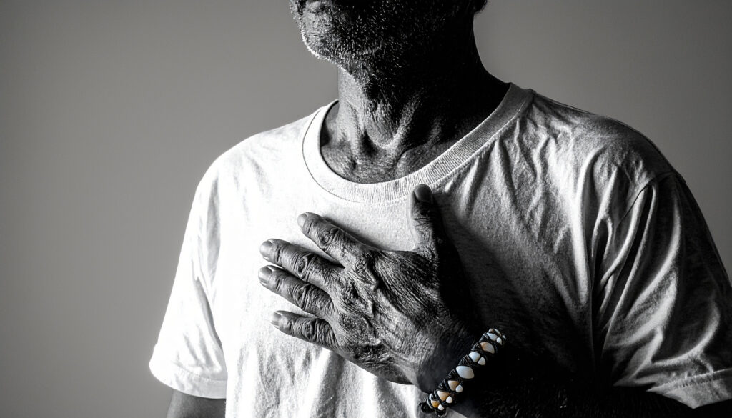 Man with hand on chest representing inner peace and benefits of practicing Spiritual Habits

