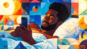 Fix your sleep. Person using phone in bed.