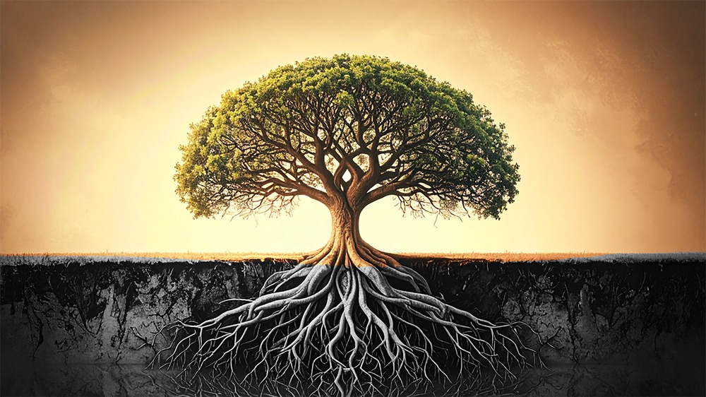 Majestic tree with deep roots symbolizing the law of correspondence