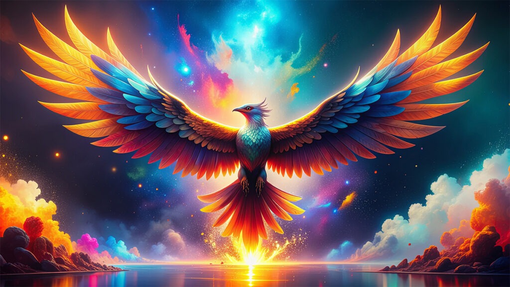 Colorful phoenix rising from the flames. Symbolizing a shift from crisis and negative energy to healing.