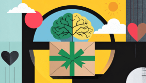 Gift box with brain and hearts symbolizing mental wellness