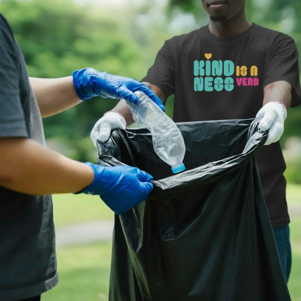 Volunteer collecting plastic bottles, while wearing a t-shirt with bold fun text message "Kindness is a Verb"