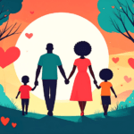 Family walking together in nature surrounded by heart showing the health benefits of love.