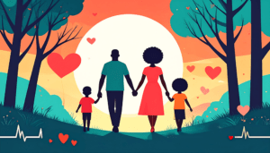 Family walking together in nature surrounded by heart showing the health benefits of love.