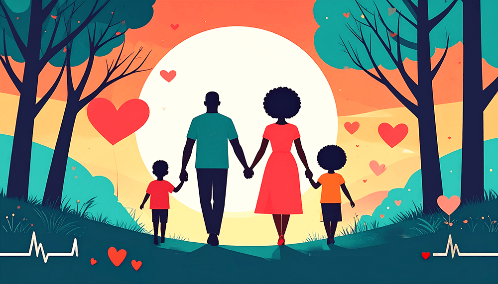 Family walking together in nature surrounded by heart showing the health benefits of love.