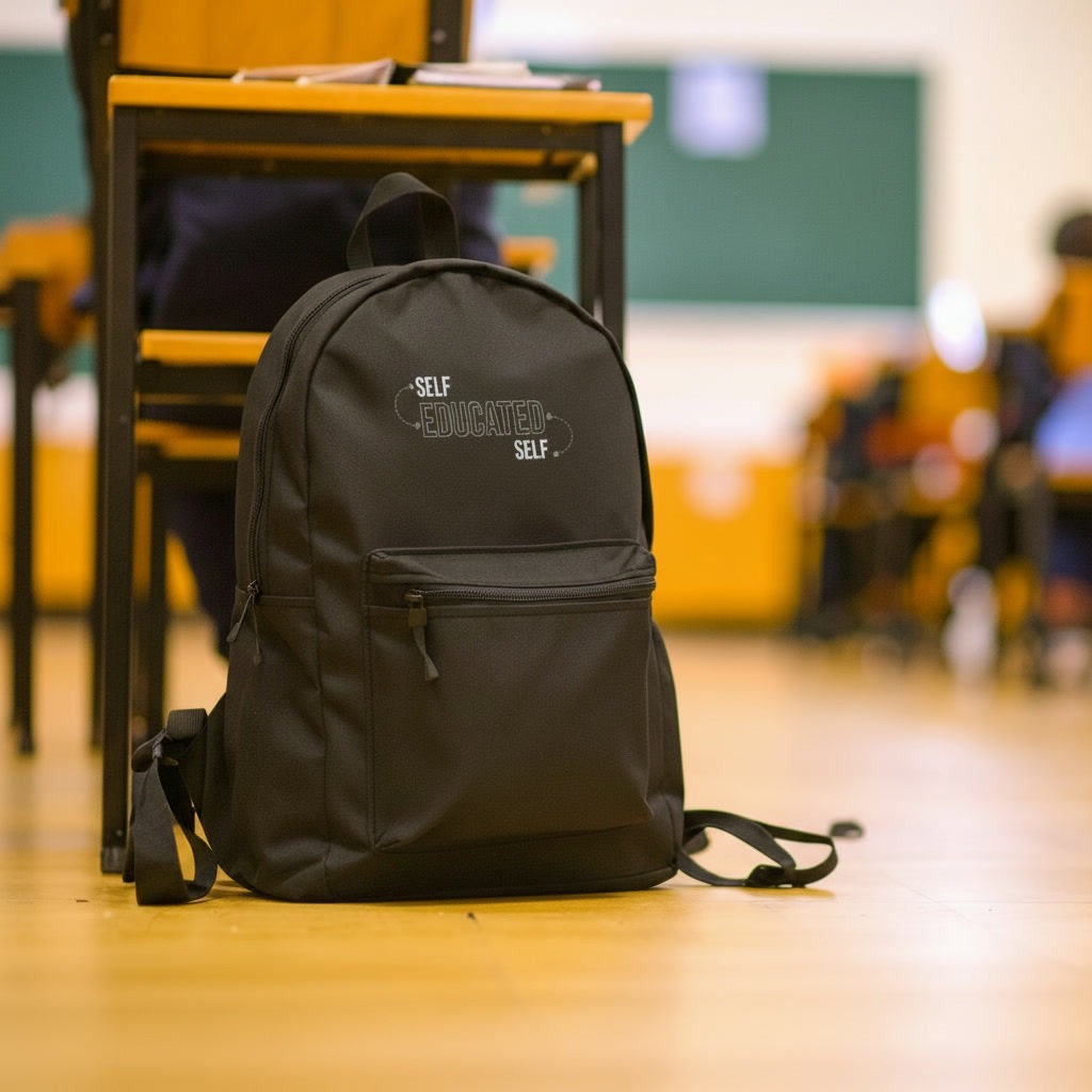 Backpack with the text self-educated, educated self