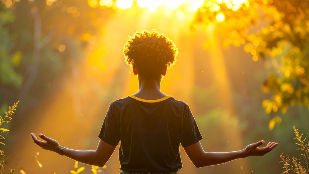Person meditating in golden sunlight. Spiritual Well-being Habits