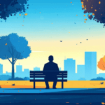 Connect with nature. Silhouette of man on park bench with the city life in the background.