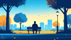 Connect with nature. Silhouette of man on park bench with the city life in the background.