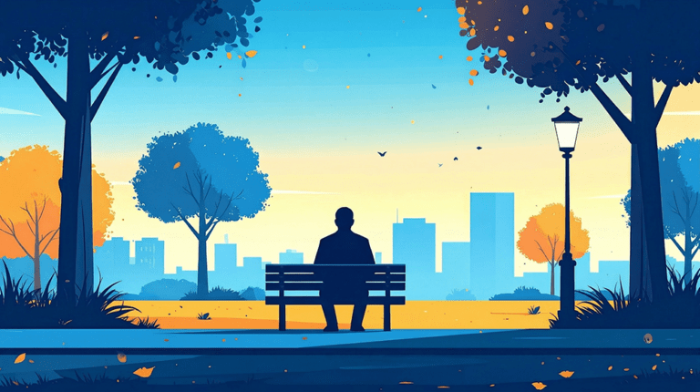 Connect with nature. Silhouette of man on park bench with the city life in the background.