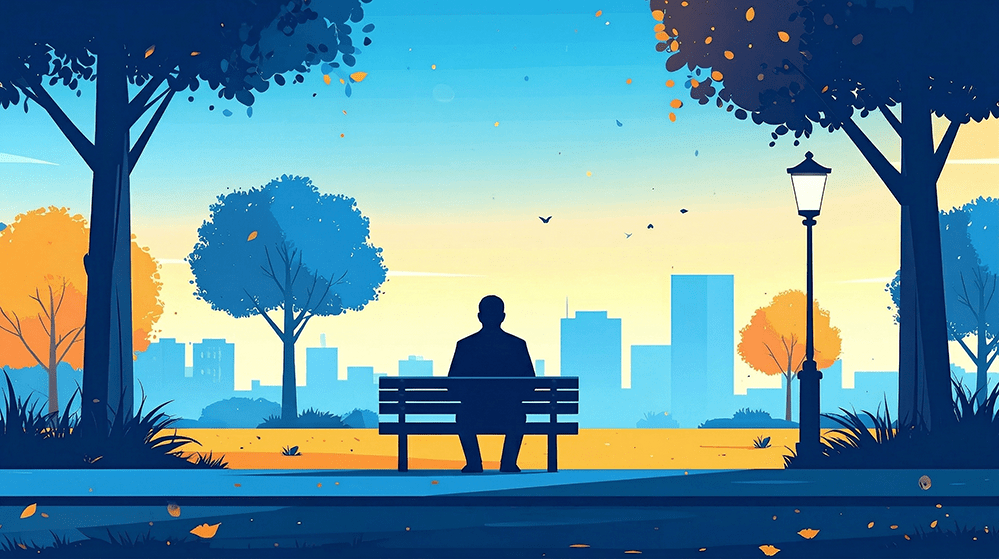 Connect with nature. Silhouette of man on park bench with the city life in the background.