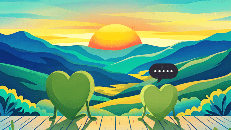 Two heart-shaped figures representing parent and child relationship. Sits on a porch in conversation. Symbolizes understanding your son comes before action.